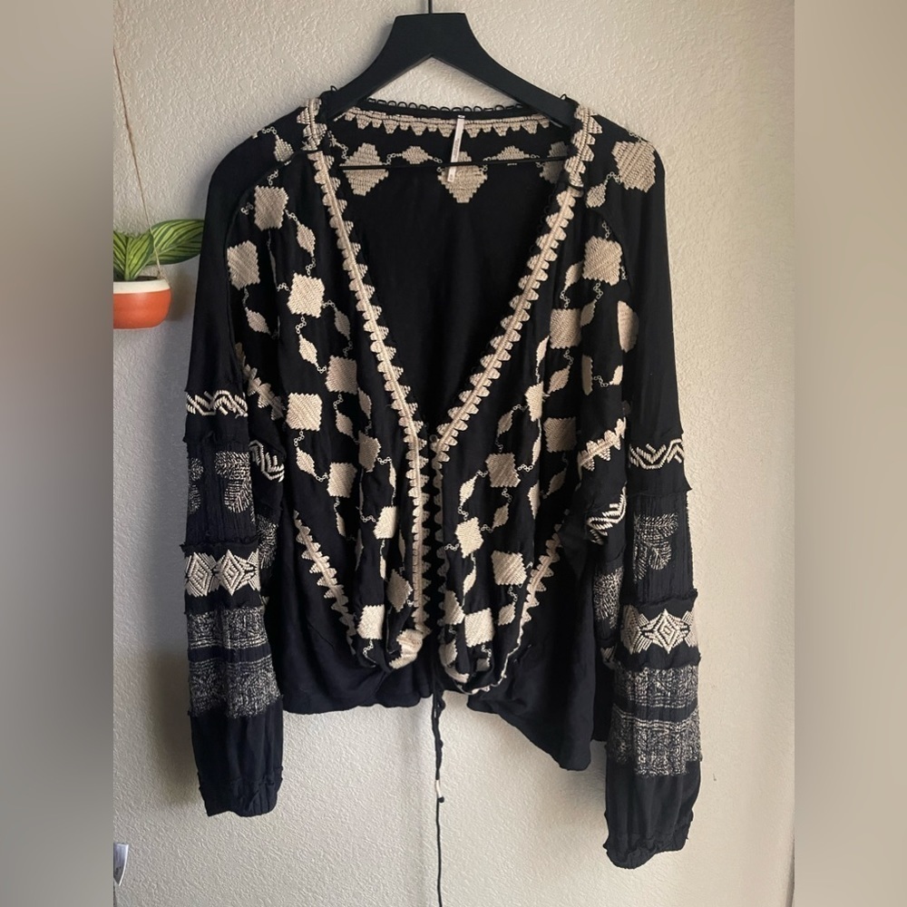 Free People  Hometown Pullover Black Combo Embroidered Top